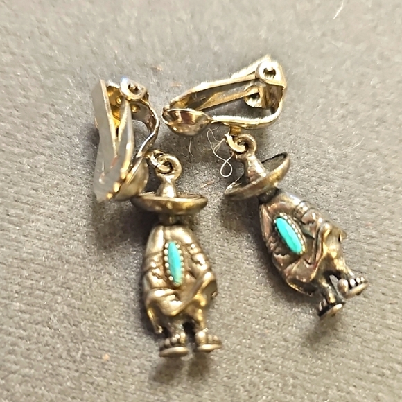 Silver and Turquoise Clip-On Earrings. Detail, You Can See His Toes. - Picture 1 of 4